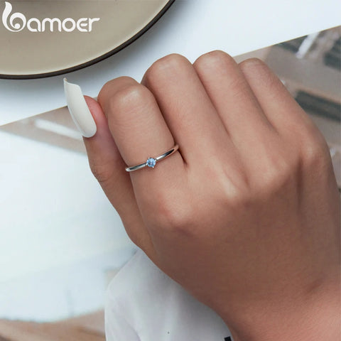 Bamoer 925 Sterling Silver Minimalist Blue Zircon Ring for Women Anniversary Band Simple Silver Ring Fine Jewelry Gift BSR281