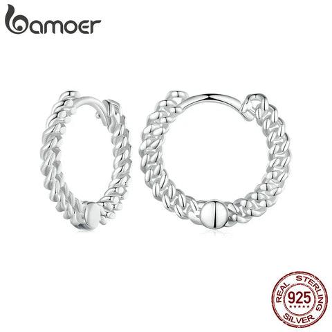 Bamoer 925 Sterling Silver Twisted Chain Ear Buckles Simple Punk Style Silver Hoop Earrings for Women Fine Jewelry
