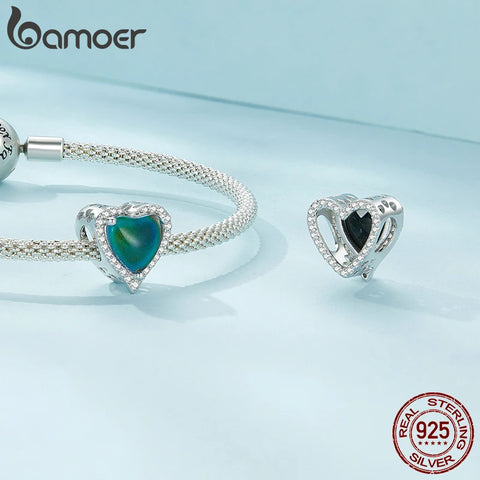 Bamoer 925 Sterling Silver Lock and Key Charms Punk Style Heart Shape Feather Bead for Women Bracelet and Bangle DIY