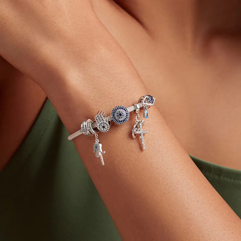 Bamoer 925 Sterling Silver Evil Eyes Beads Fatima Hand Hamsa Hand Dangle Charm Beads fit Bracelets & Bangles Infinity Charm