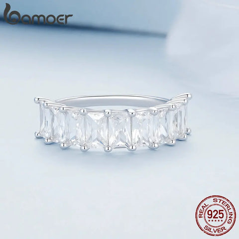Bamoer 925 Sterling Silver Luxury Shiny Square Zircon Ring for Women Wedding Engagement Gift Fine Jewelry BSR409