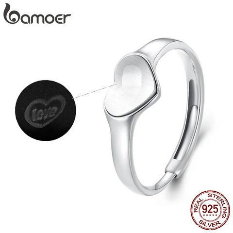 Bamoer 925 Sterling Silver High Polished Light and Shadow Love Adjustable Ring Heart Opening Ring for Women Valentine's Day Gift