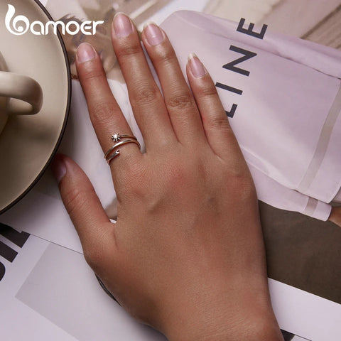 Bamoer 925 Sterling Silver Wishing Meteor Ring for Women Open Size Mutlilayer Silver Girl Ring Fine Jewelry Wedding Party Gift
