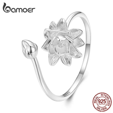 Bamoer 925 Sterling Silver Lotus Opening Ring Flower Adjustable Finger Ring for Women Silver-plated Romantic Fine Jewelry BSR371