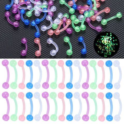 50Pcs/lot Acrylic Eyebrow Piercing Lot 16G Tongue Piercing Luminous Curved Barbells Eyebrow Ring Body Piercing Jewelry