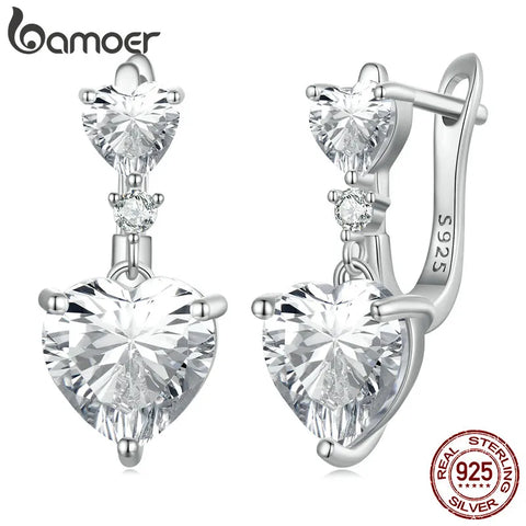 Bamoer 925 Sterling Silver Exquisite Heart-Shaped Zircon Ear Buckles Cubic Zirconia Hoop Earrings for Women Luxury Fine Jewelry