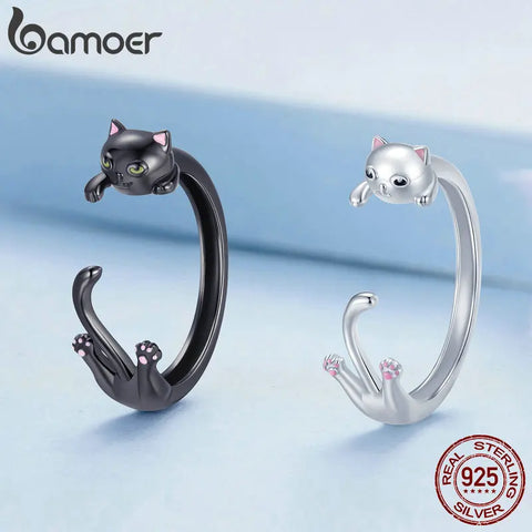 Bamoer 925 Sterling Silver Creative Dark Black Cat Silver Ring for Women Girls Gift Adjustable Ring Jewelry Anillo BSR217