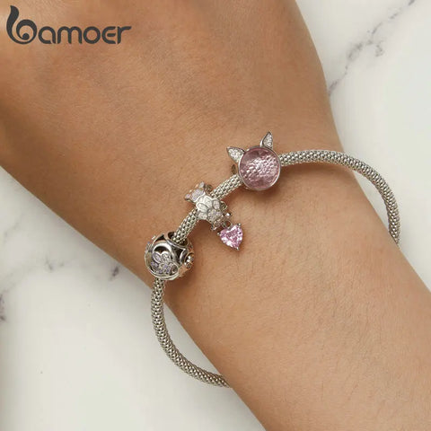 Bamoer 925 Sterling Silver Cute Cat Beads Paw Print Pendant Charms for Women Bracelet and Necklace DIY Fine Jewelry