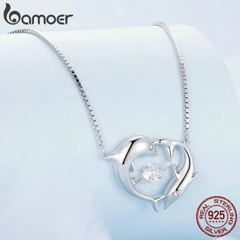Bamoer 925 Sterling Silver Connected Double Dolphins Necklace Shiny Zircon Love Neck Chain for Women Fine Jewelry BSN340