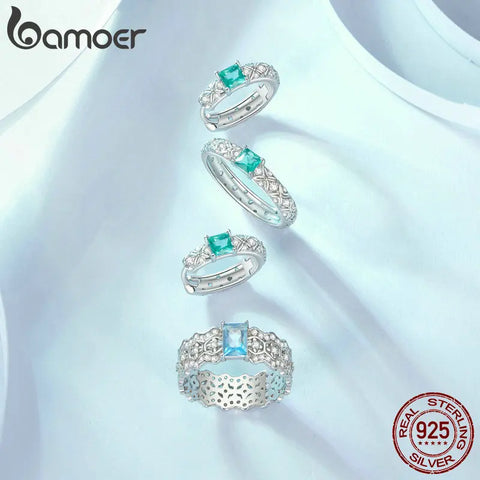 BAMOER 925 Sterling Silver Dainty CZ Lace Ring Platinum Filled Chunky Simple intricate texture Elegant Band