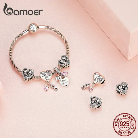 Bamoer 925 Sterling Silver Pink Zircon Pet Paw Pendant Charms Heart Shape Dog Beads for Women Bracelet and Necklace DIY SCC2434