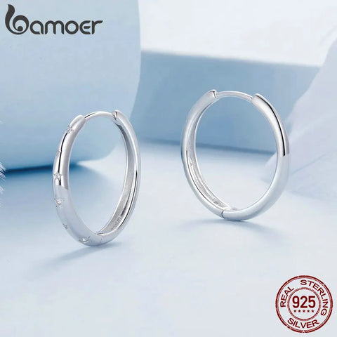 BAMOER Genuine 925 Sterling Silver Starry Ear Buckles Pave Setting CZ Star Hoop Earrings for Women Daily Wearing Fine Jewelry