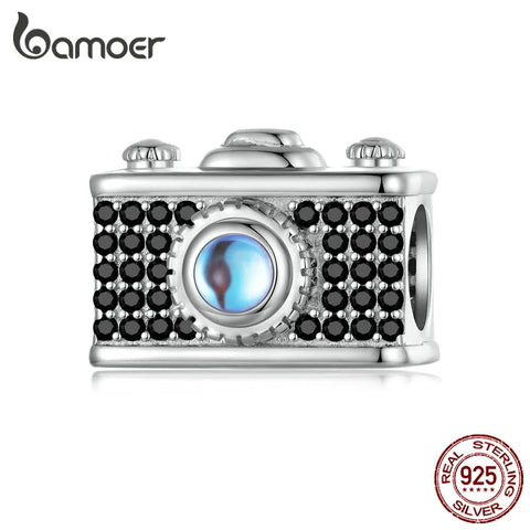 Bamoer 925 Sterling Silver Black Zircon Retro Camera Beads for Women Original Bracelet and Bangle Classic Charms Fine Jewelry