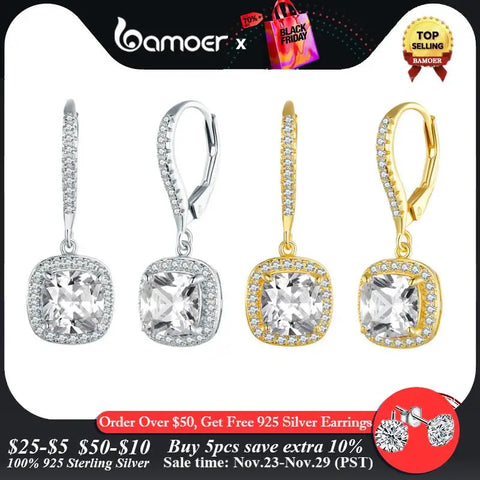 BAMOER Authentic 925 Sterling Silver Dazzling CZ Square Geometric Drop Earrings for Women 14K Gold Plated Wedding Jewelry SCE520