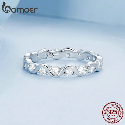 BAMOER 925 Sterling Silver Fashion Finger Ring Cubic Zirconia Band for Women Birthday Gift Simple Fine Jewelry