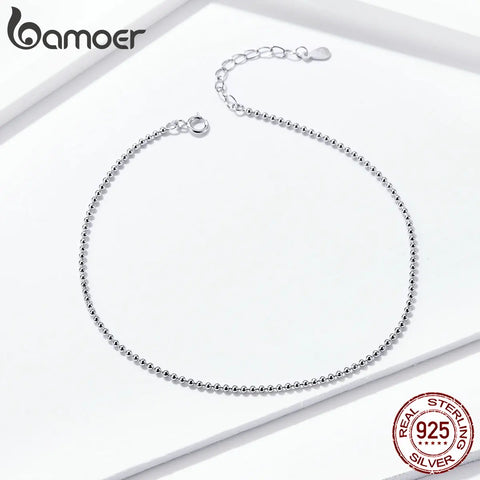 BAMOER Hot Sale Simple Essential Bead Link Anklets 925 Sterling Silver Bracelet for Foot Jewelry Silver Female Leg Chain SCT002