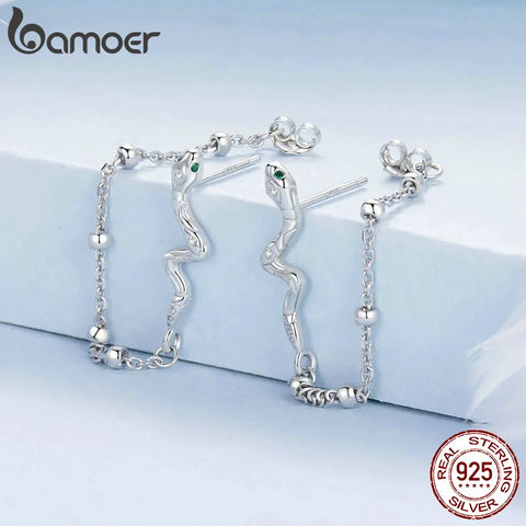 Bamoer 925 Sterling Silver Snake Stud Earrings Long Tassel Drop Earrings for Women Party Platinum Plated Fine Jewelry