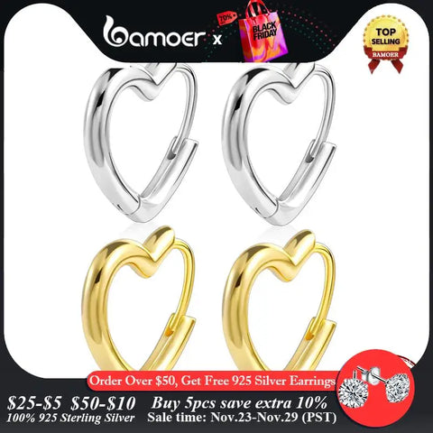 BAMOER 925 Sterling Silver Small Hoop Earrings Heart Shaped 14k Gold Plated Huggie Earrings for Women Wedding Fashion Jewelry