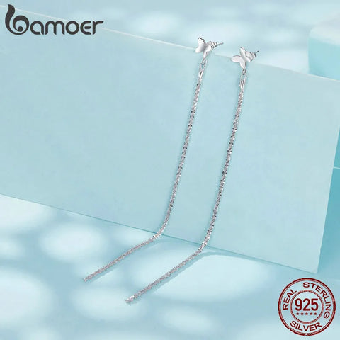 Bamoer 925 Sterling Silver Butterfly Stud Earrings Long Tassel Drop Earrings for Women Engagement Gift Fine Jewelry