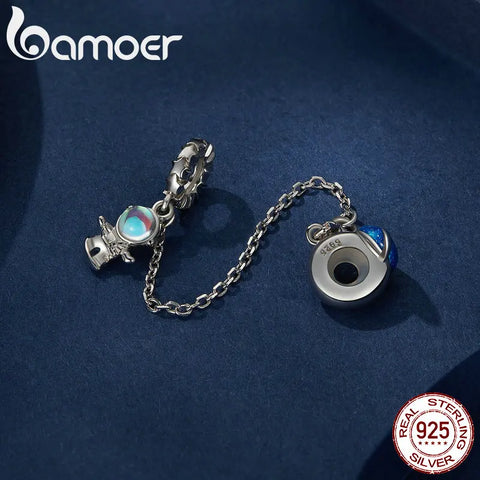 Bamoer 925 Sterling Silver Astronaut Safety Chain Planet Chain Accessory for Women Bracelet Bangle DIY Fine Jewelry BSC792