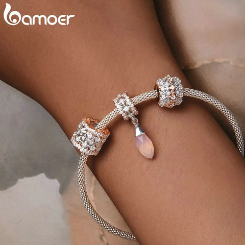 Bamoer 925 Sterling Silver Luxury Zircon Hollowed-out Heart Charm Rose Gold Plated Autumn Bead for Women Bracelet and Bangle DIY