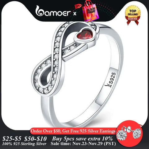 BAMOER 100% 925 Sterling Silver Infinity Love Forever Heart Clear CZ Finger Ring for Women Wedding Engagement Jewelry SCR415