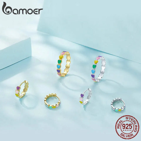 Bamoer 925 Sterling Silver Rainbow Series Heart to Heart Ring & Earrings Jewelry Set for Women Fine Jewelry Gift