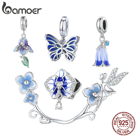 Bamoer 925 Sterling Silver Enamel Iris Hanging Bead Harebells Pendant Charms for Women Bracelet and Necklace DIY Fine  Jewelry