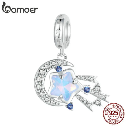BAMOER 925 Sterling Silver Dreamy Meteor Pendant Beads, Moon and Star Charms Compatible with Women's Bracelet Necklace