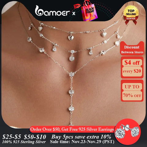 Bamoer 925 Sterling Silver Stackable Clavicle Necklace Sparkling Zircon Neck Chain for Women Platinum Plated Fine Jewelry