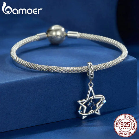 BAMOER 925 Sterling Silver Dreamy Star Pendant Beads, Shiny CZ Charms Compatible with Women's Bracelet Necklace