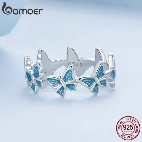 BAMOER 925 Sterling Silver Blue Enamel Mini Butterfly Ring for Women Girls Sweet Fine Jewelry Birthday Gift