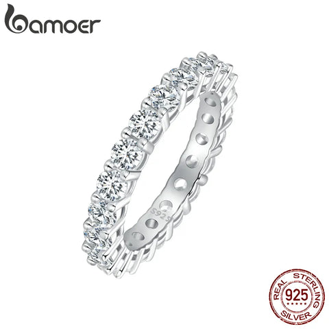 BAMOER Platinum Plated Moissanite Ring Full / Half Eternity Band for Women 925 Sterling Silver Diamond Wedding Engagement Ring