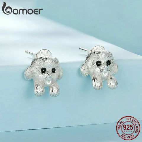 Bamoer 925 Sterling Silver Cute Teddy Stud Earrings Vivid Dog Earrings for Women Girls Elegant Earrings Fine Jewelry Gift