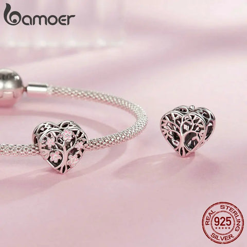 BAMOER 925 Sterling Silver Pink Flower Spacer Beads Tree of Life Charms for Women Bracelet Making Accessories