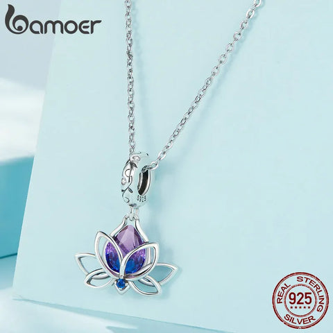 Bamoer 925 Sterling Silver Four-Leaf Clover Pendant Charms Purple Flower Beads for Women Bracelet DIY Finr Jewelry