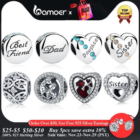 BAMOER Genuine 925 Sterling Silver Blue Crystals Family Charm Fit Bracelets Bangles