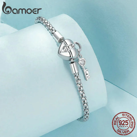 Bamoer 925 Sterling Silver Heart Lock and Key Buckles Basic Chain Bracelet Platinum Plated for Women Valentine's Day Gift SCB259