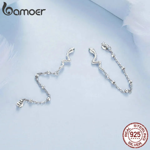Bamoer 925 Sterling Silver Snake Stud Earrings Long Tassel Drop Earrings for Women Party Platinum Plated Fine Jewelry