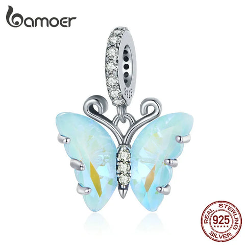 Bamoer 925 Sterling Silver Aurora Butterfly Pendant fit for Women DIY Making Bracelet & Necklace Shiny Charms Jewerly SCC2305