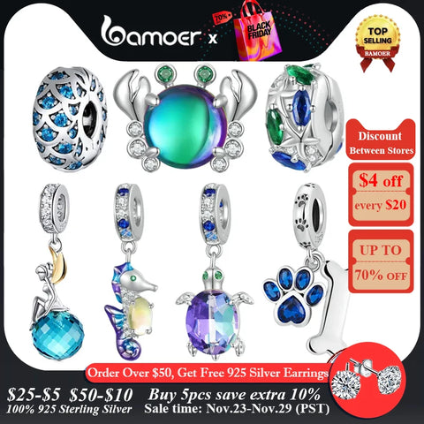 Bamoer 925 Sterling Silver Dreamy Oecan Series Dazzling Crab Beads Seahorse Pendant Charms for Women Bracelet and Necklace DIY