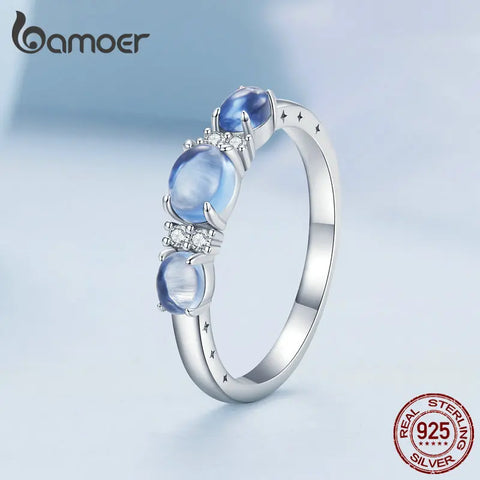 BAMOER Solid 925 Sterling Silver Rings for Women Round Cut Three-Stone Rings for Engagement Wedding Fine Jewelry BSR427