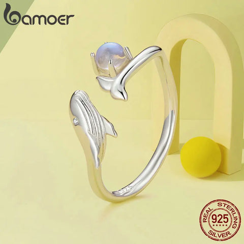 Bamoer 925 Sterling Silver Cute Whale Opening Ring Fish and Ball Adjustable Ring for Women Fine Jewelry BSR473-E