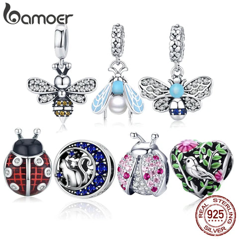 bamoer Ladybug Metal Beads for Women Jewelry Making 925 Sterling Silver Red Enamel Charm fit Original Bracelet DIY SCC1481