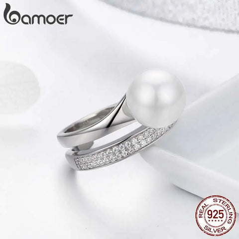Bamoer 925 Sterling Silver Elegant Geometric Circle Finger Ring Shell Pearl Ring for Women Anniversary Engagement Jewelry SCR231