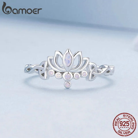 Bamoer 925 Sterling Silver Lotus Ring Elegant Flower Ring for Women Party Platinum Plated Fine Jewelry BSR487
