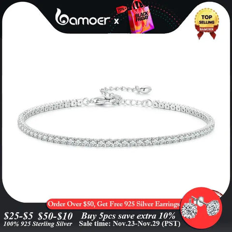BAMOER 925 Sterling Silver Women Adjustable Tennis Bracelet - Platinum Plated Clear 3mm Cubic Zirconia Classic Tennis Bracelet