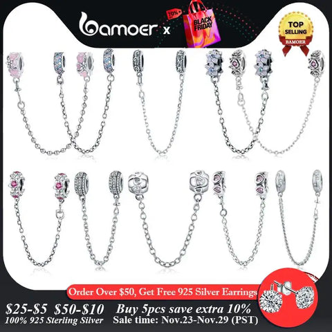 Bamoer 925 Sterling Silver Rose Flower Garland Safety Chain Pink Heart CZ Stopper Charms for Women Bracelet DIY Fine Jewelry