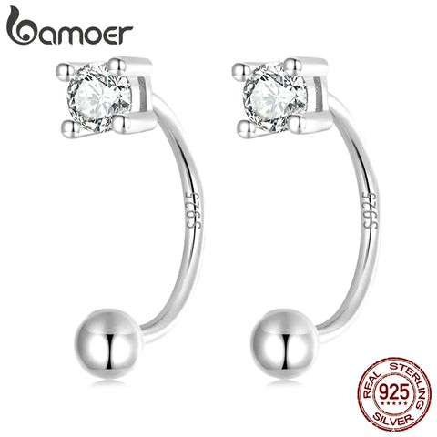Bamoer 925 Sterling Silver Simple Line Stud Earrings for Women Fine Jewelry Cubic Zirconium Geometric Earrings Wedding Gift