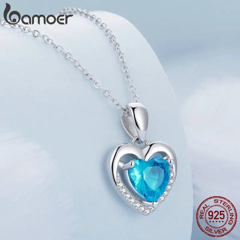 BAMOER 925 Sterling Silver Love Heart Pendant Necklace, Blue Clear Crystal Necklaces for Women Silver Fine Jewelry Gift
